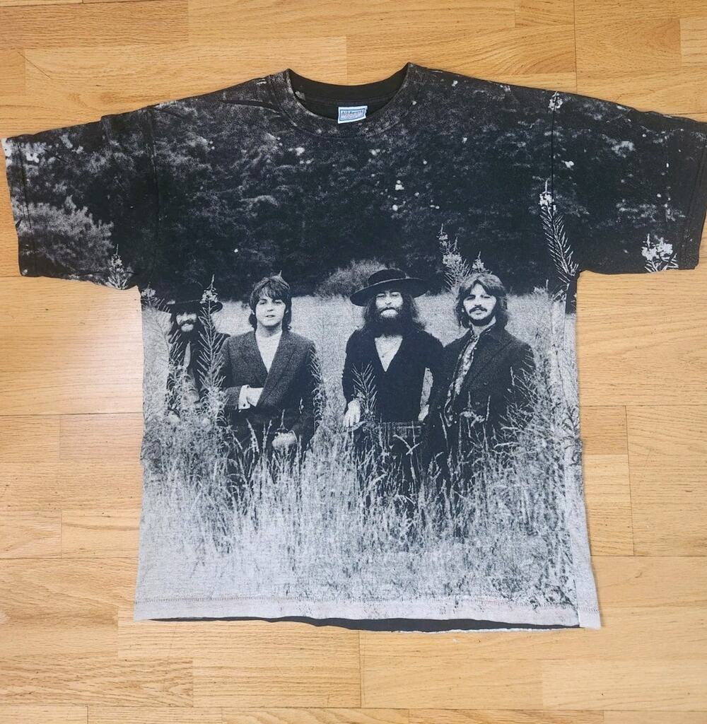 Vintage 90s USA XL Black Beatles All Over Print AOP Field of Grass Apple Tshirt